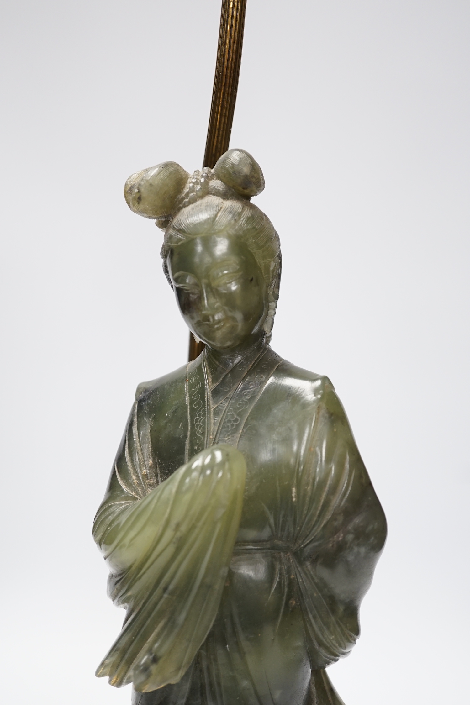 A Chinese carved soapstone figural lamp, 48cm total